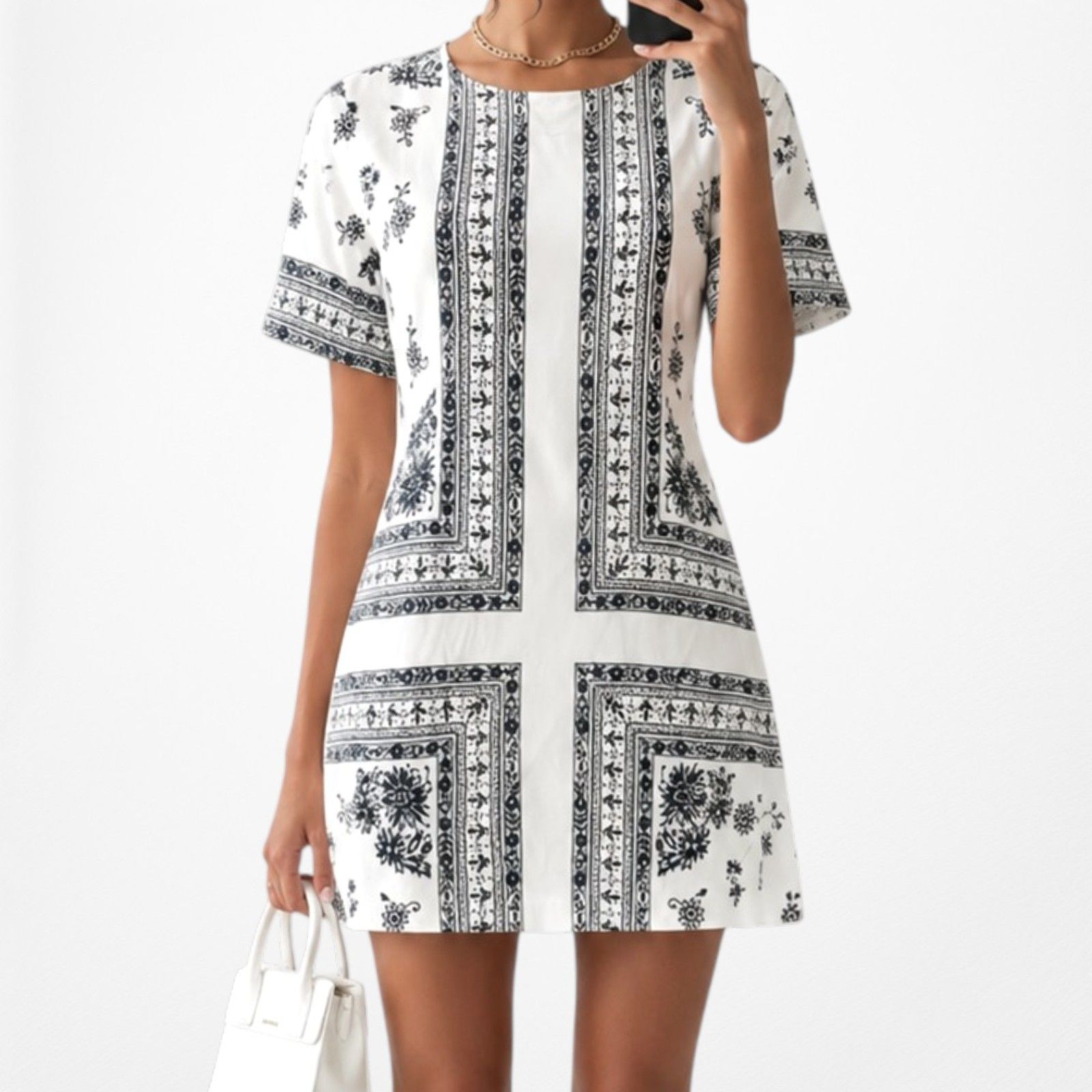 Vintage Y2k 90s White Blue Boho Floral Print Knee Length Shift Dress Size S/M